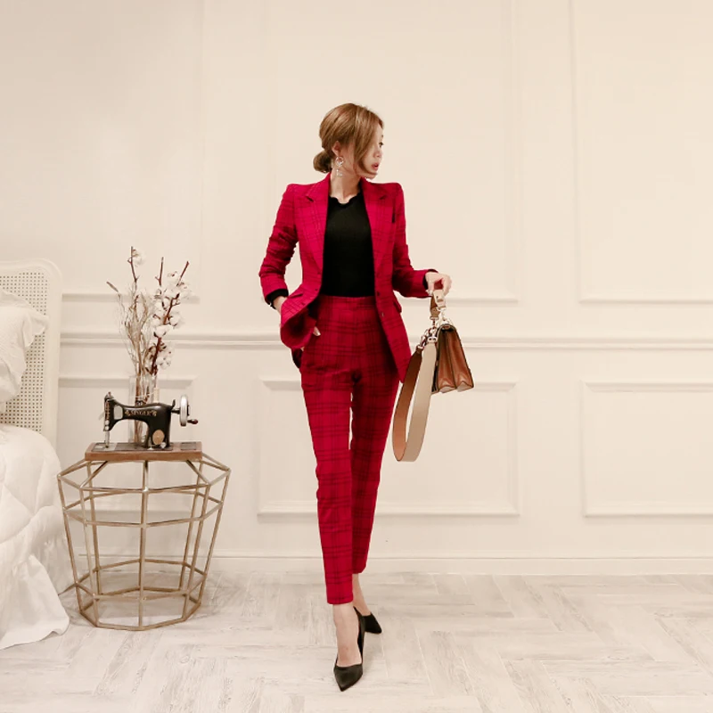 New fashion Formal Women red Suits Sets Casual Office Business Suitspants Work Wear Sets Uniform Styles Elegant Plaid Pant Suits New fashion Formal Women red Suits Sets Casual Office Business Suitspants Work Wear Sets Uniform Styles Elegant Plaid Pant Suits