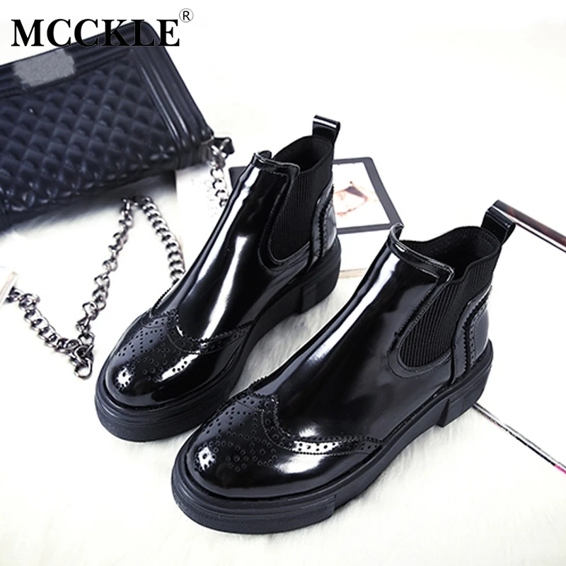 

MCCKLE Women Casual Flat Platform Creeper Brogue Shoes Female Patent Leather Elastic Band Chelsea Ankle Boots Ladies Leisure