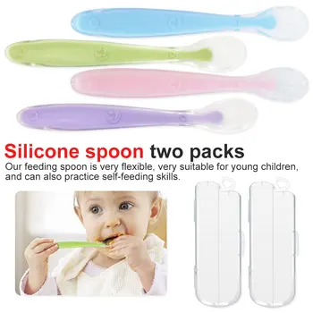 

2pcs Children Food Baby Feeding Tableware flatware cutlery Baby Soft head Spoon Silicone Candy Color Spoon