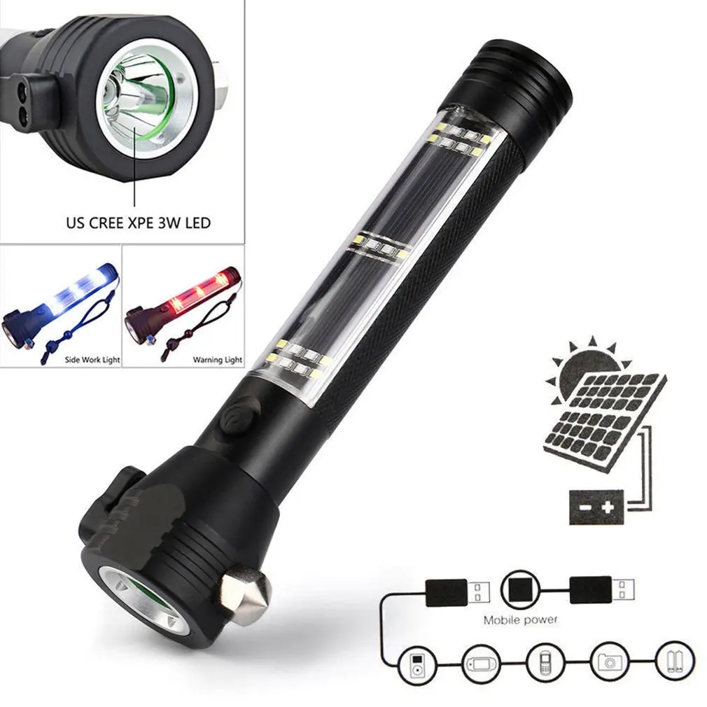 Solar Power LED Flashlight 9 in 1 Multifunctional Safety Hammer Torch Light  New 