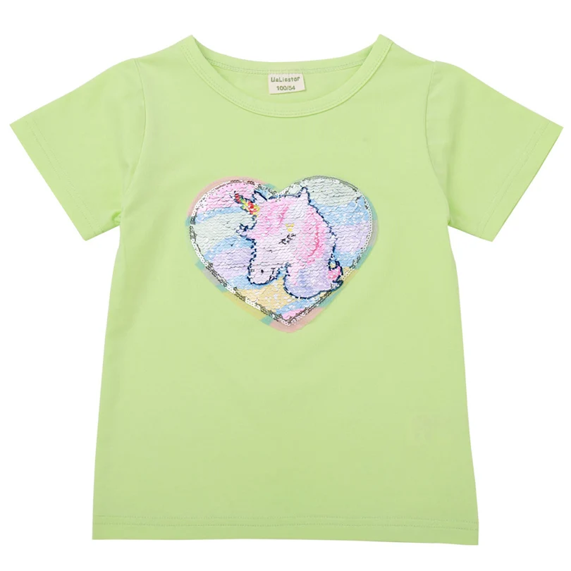 Летняя футболка для девочек; футболка в блестках с изображением волшебного единорога; детская повседневная одежда; модная футболка с короткими рукавами и рисунком Эльзы и Анны - Цвет: F