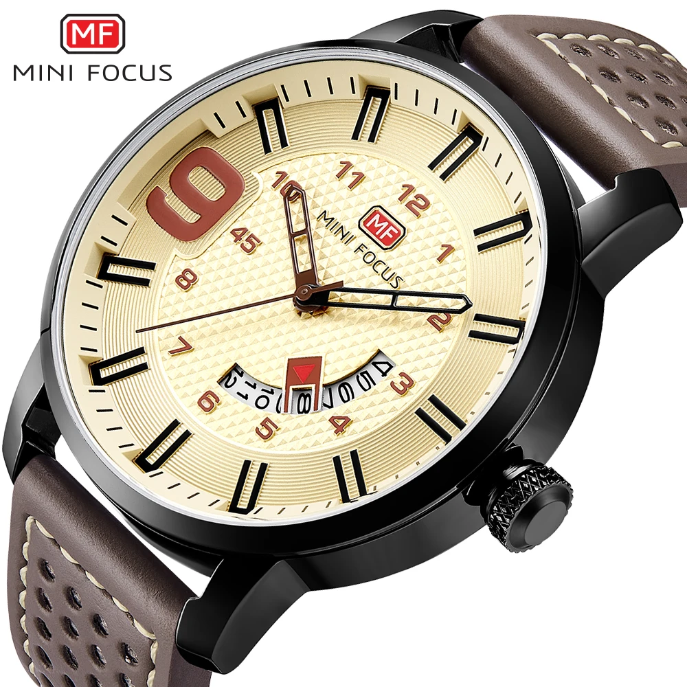 

MINI FOCUS Military Sport Mens Quartz Watches Top Brand Luxury Leather Strap Calendar Date Contrast Color Waterproof Male Watch