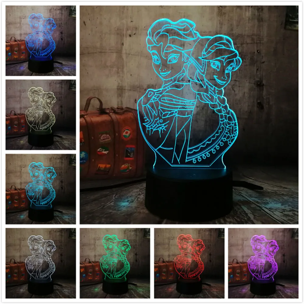 3D LED Ночник светильник Эльза/Анна девочка лампа для принцесс мультяшная фигура