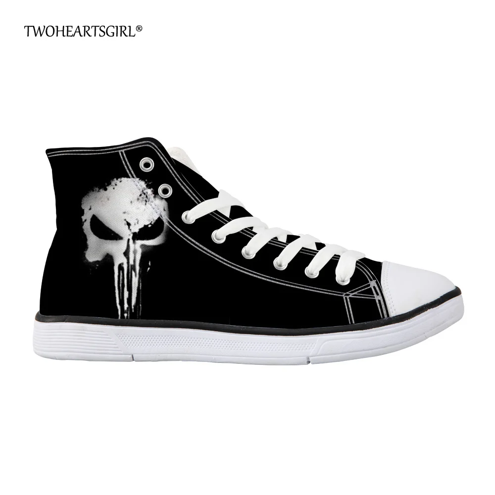 Twoheartsgirl Classic Black Punk Skull Canvas Shoes High Top Men's Vulcanize Shoes Personalized Lace Up Man Canvas Shoes Plus