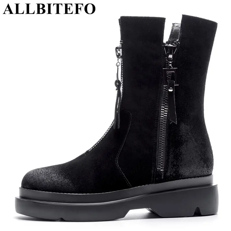 

ALLBITEFO fashion real genuine leather women ankle boots shoes for woman cow leather flat heel platform boots motocycle boots