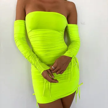 Summer Sexy Dress Neon Green Ruched Sexy Tight Dress The New Off Shoulder Long Sleeve Drawstring Party Night Club Dresses Summer Sexy Dress Neon Green Ruched Sexy Tight Dress The New Off Shoulder Long Sleeve Drawstring Party Night Club Dresses