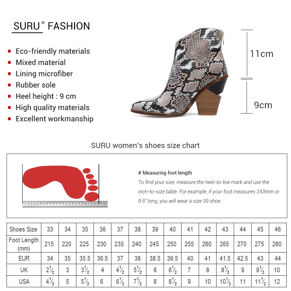 SURU 90 Snakeskin-effect Ankle Boots for Women. Plus Big Size 34-44