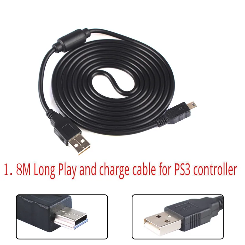 Data Power Cable For Playstation 3 PS3 Game Controllers 1.8M 6FT Black