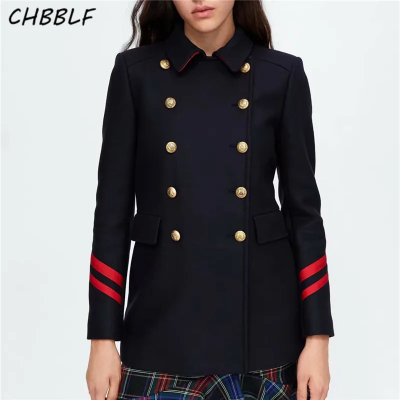 

CHBBLF women turn down collar Military woollen jacket coat double breasted coats fashion female outerwear tops XSZ1815