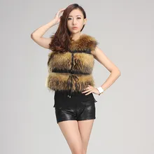 2016 Luxury Lady Genuine Raccoon Fur Vest Waistcoat Adjustable Belt Female Autumn Winter Women Fur Outerwear Coats 0907