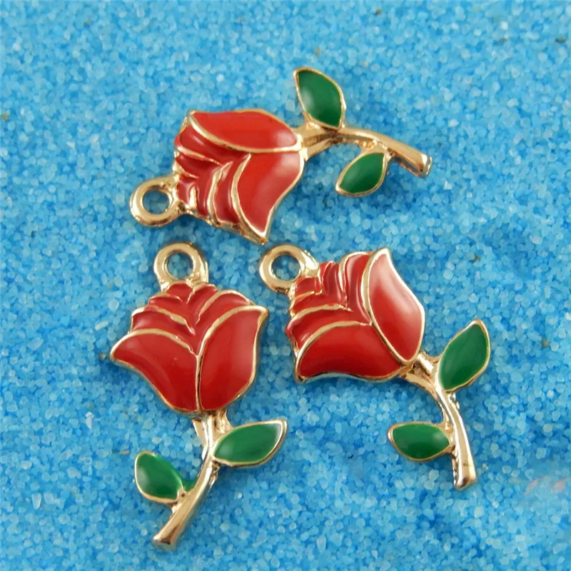 

10PCS Rose Gold Color Alloy Enamel Red Rose Pendant Charms 24*12mm 38928