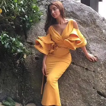 

Sexy New Summer Women Club Dress Vestidos Verano 2019 Celebrity Party Dress Yellow Red Ruffle Butterfly Short Sleeve Midi Dress