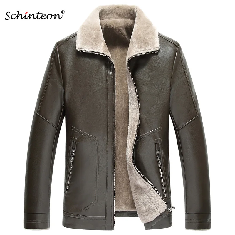 Schinteon XL 8XL Men Winter Leather Jacket with Warm Fleece Inside