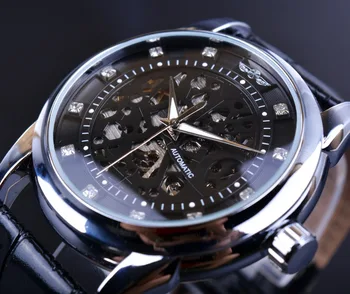 

Winner Royal Diamond Design Silver Case Men Luxury Clock Male Business Leather Strap Wrist Watch Men Skeleton Automatic Watch