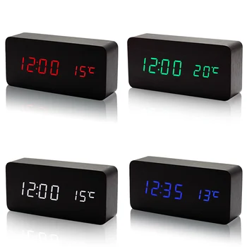 

Wooden LED Alarm Clock with Temperature Sounds Control LED Display Electronic Desktop Digital Table Clocks QJ888