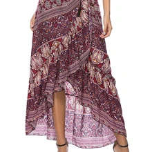 Богемные летние праздничные бандажные сексуальные женские юбки с цветочным принтом, плиссированные асимметричные юбки с оборками красного вина, Faldas Mujer Moda