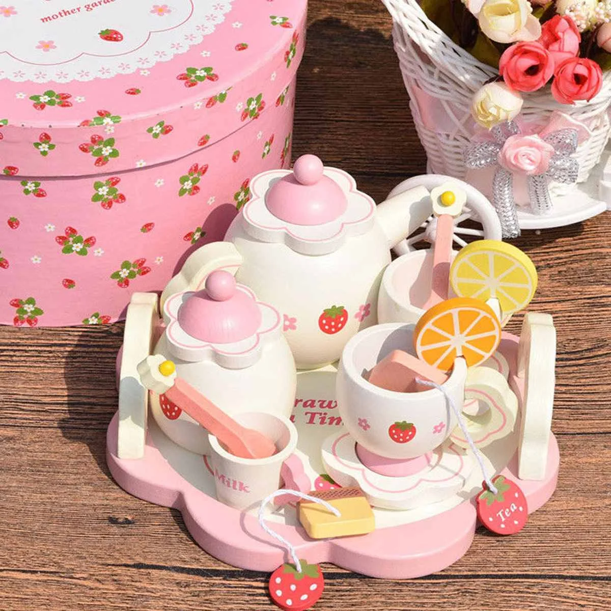 Детский деревянный набор для чая, чайный горшок, кружка, чайный горшок, чашка, один набор ложек, лимон, детская игрушка, подарок на день рождения, прекрасный Рождественский подарок