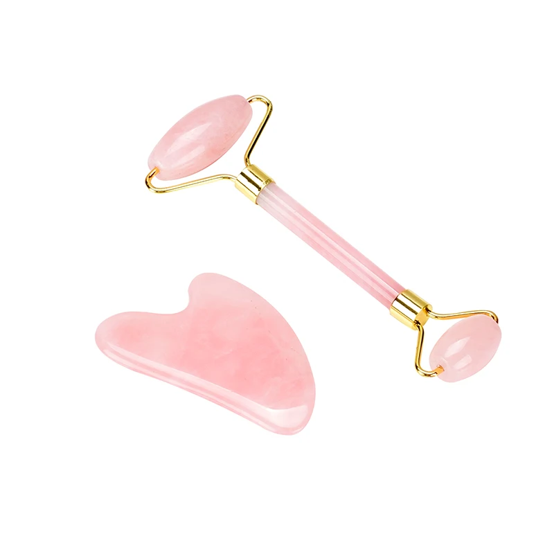 Розовый КВАРЦЕВЫЙ нефритовый ролик Guasha бесшумный двойной массажер для лица Подарочная коробка для крема для лица антицеллюлитный против морщин