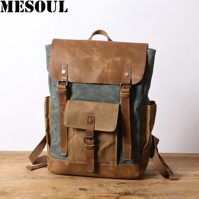 Mochila Vintage de lona con cuero para hombre, morral de viaje de gran  capacidad para ordenador portátil, impermeable, escolar, 2022 - AliExpress