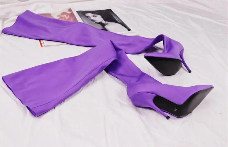 Г. Шелковые эластичные фиолетовые сапоги выше колена женские пикантные сапоги с острым носком на высоком каблуке женские бежевые атласные розовые сапоги до бедра