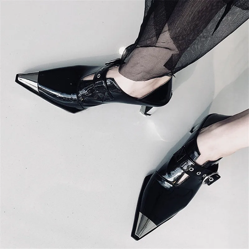 FEDONAS/модные женские туфли-лодочки с острым носком из натуральной кожи; брендовые Необычные Вечерние туфли на высоком каблуке для ночного клуба; Женская Осенняя новая обувь - Цвет: black patent leather