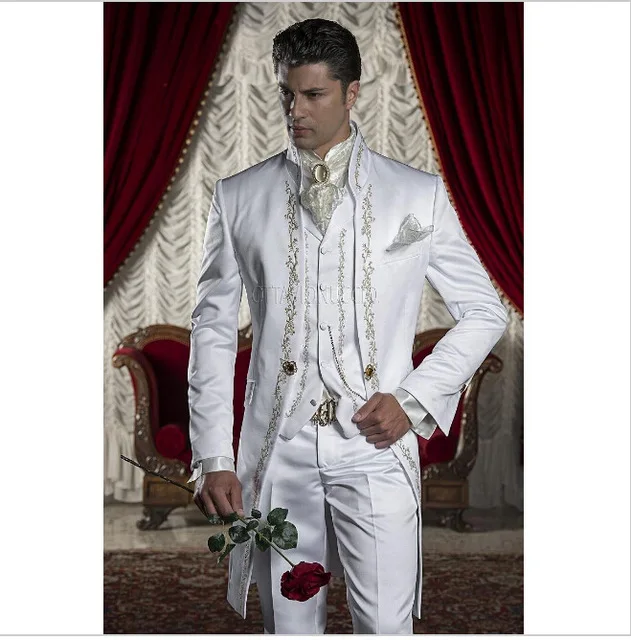 Классический стиль, смокинги для жениха с золотой вышивкой, белые Женихи, мужские костюмы для свадьбы, выпускного, Блейзер со штанами(пиджак+ брюки+ жилет - Цвет: picture style color