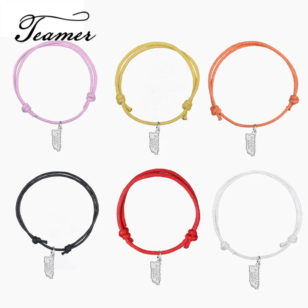 

Teamer Adjustable Waxed Cord Bracelet With PUERTO RICO Message Map Charm For Man Colorful Pendant Wrist Wrap 5pcs/lot GIFT