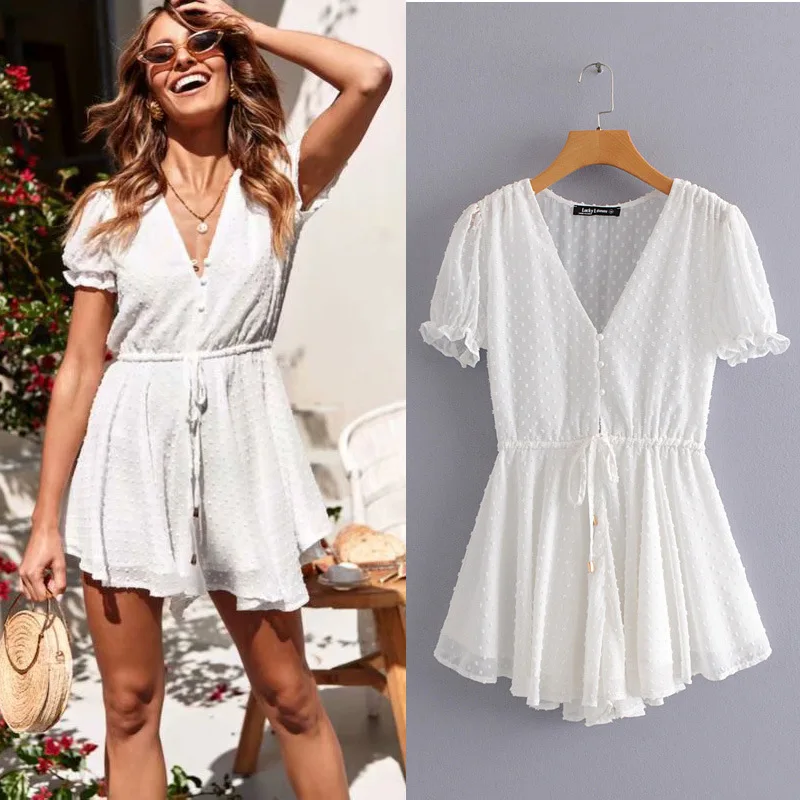 

2019 new lace summer women dress short sleeve v neck button elastic waist A line solid ladies dresses mini casual beach vestidos