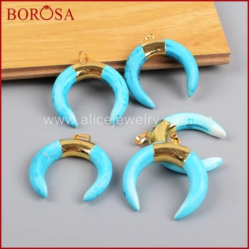 

BOROSA Fashion Gold Color Blue Howlite Stone Double Crescent Horn Pendant Druzy Pendant for Necklace Women Jewelry G1185