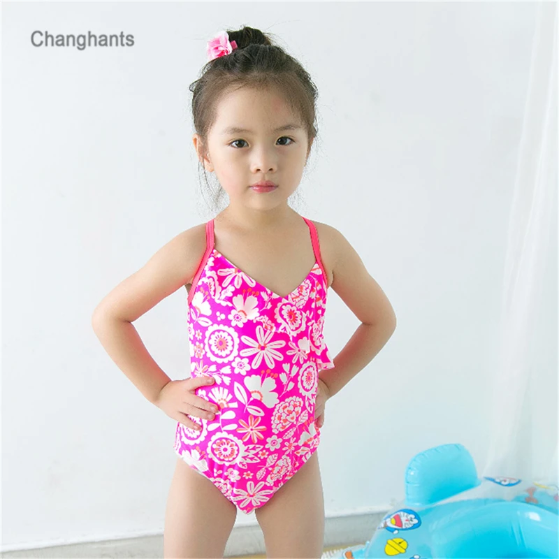

New Medol 2-7 year old baby Girl one piece Swimsuit Pink with Flower Pattern Swimwear Children Swim Suit Summer Wear