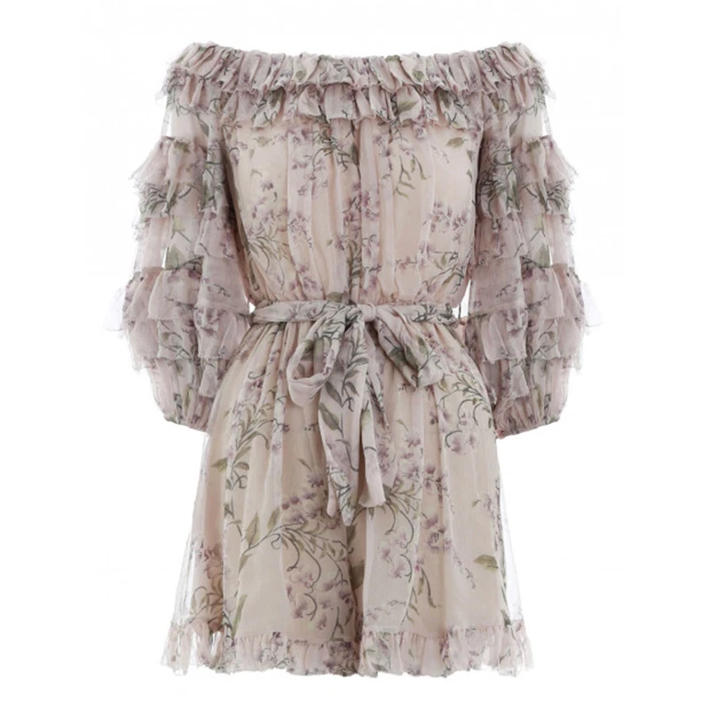 

Women Off-The-Shoulder Lilac Wisteria Floral Unbridled Ruffle Playsuit