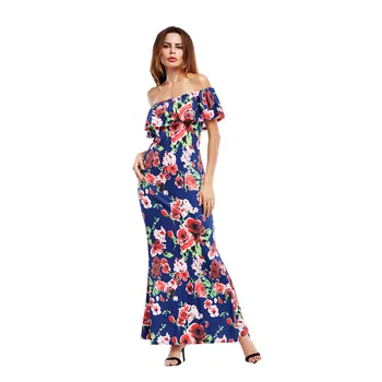 

2019 Sexy Spring Summer Off Shoulder Floral Print Maxi Long Dress Ruffle Boho Women Elegant Casual Hot Beach Party Dresses