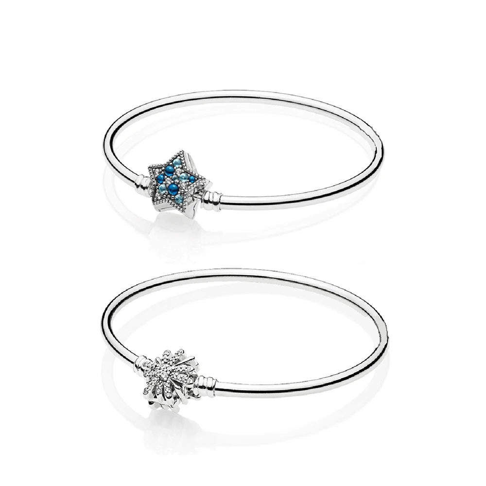 

Silver Firework And Blue Star Clasp Bangle Bracelet New 100% 925 Sterling Silver Bracelet Fit European Charms Diy Jewelry