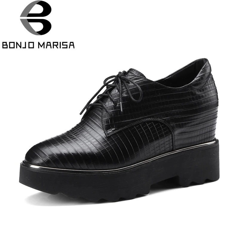 

BONJOMARISA large size 33-42 women's Genuine Leather lace-up flats Increasing Platform Shoes Woman Casual Spring Flats
