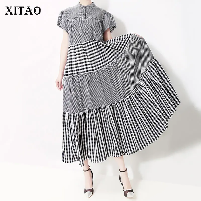 

XITAO Plaid Pleated Midi Dress Stand Collar Large Size Women's Layered Stitching Pullover Hem Patchwork Summer 2019 WBB3647