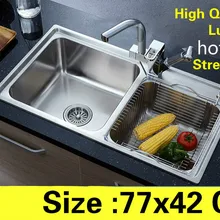 Квартиры роскошный двойной кухонный паз раковина сделать Блюда Высокого Качества 304 нержавеющая сталь горячие продажи 770x420 мм