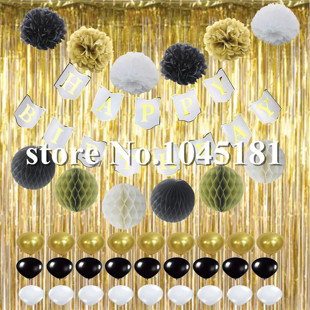 

Black White and Gold Decoration Set Happy Birthday Banner Fluffy Paper Pom Pom Ball with Balloons for Baby Boy Girl Theme