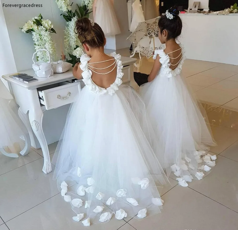 Lovely White Tulle Flower Girl Dresses Princess Flower Sleeveless Backless A Line Princess Long Girl Communion Birthday Party Dress BA9835  93 (7)