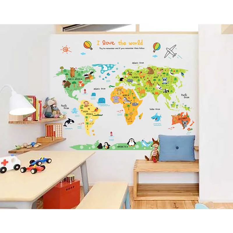 Cartoon Safari Animals World Map Nursery Wall Stickers for Kids Room Decoration Letters Global Maps E2S
