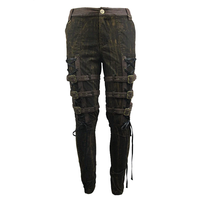 Steampunk Men Long Jean Gothic High Waist Black Brown Tights Slim Trousers Straps in the Leg Lace Up Pencil Pants New