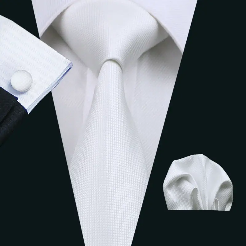 LS-341 Горячие Галстуки белый сплошной Мода 100% шелк жаккард Тканые галстук Hanky запонки Набор для Для мужчин Формальные Свадебная вечеринка