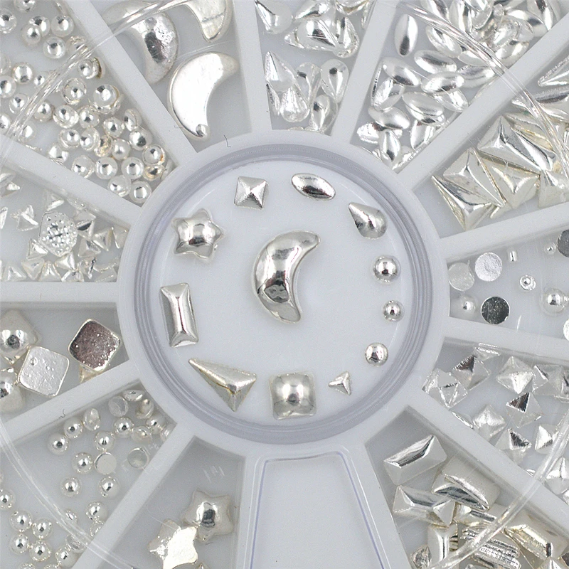 

12 shapes 3D silver metal Flat Bottom Nail Rhinestones Decor Wheel Nail Art Decorations Manicure tools DIY nails accessoires