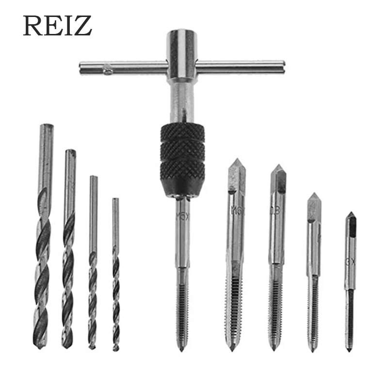 

REIZ 9pcs/Set T-Handle Ratchet Tap Wrench with M3-M6 Machine Screw Thread Metric Plug Tap Machinist Tool Twist Drill Bits