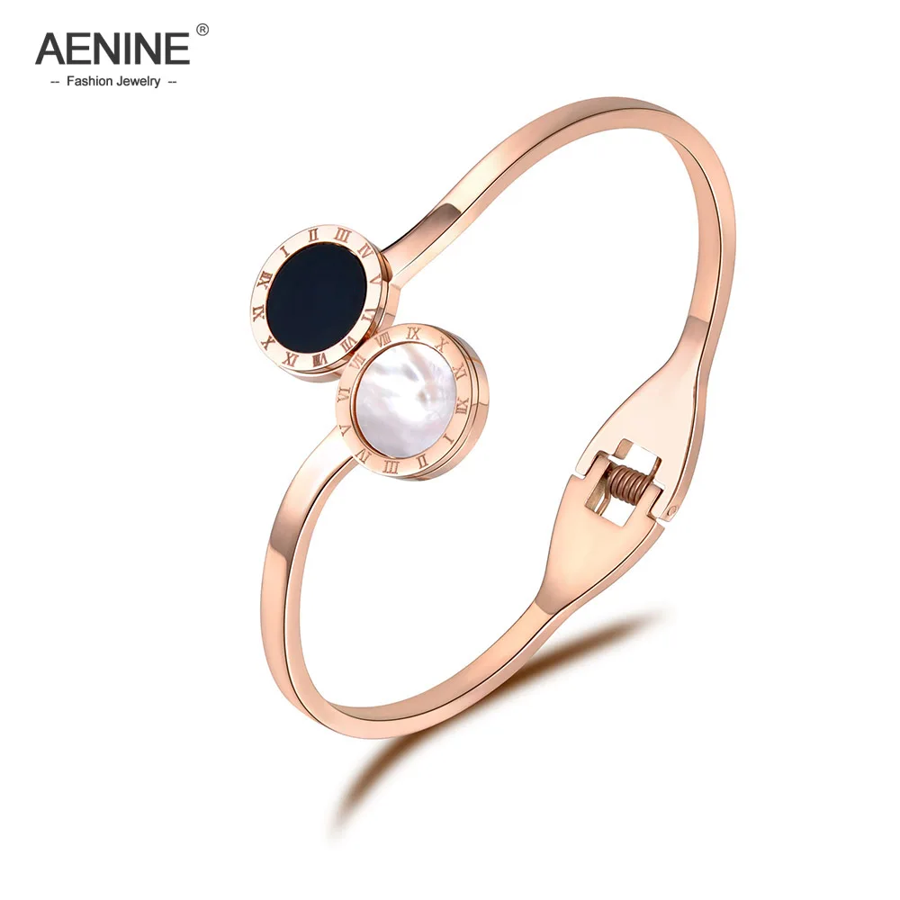 

AENINE Stainless Steel Black & White Shell Roman Numerals Open Bangles Bracelets Jewelry For Women Valentine's Day Gift AB18053