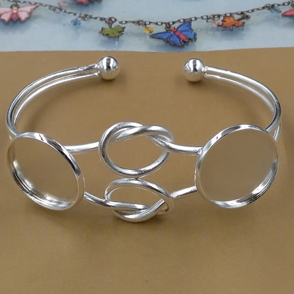 Посеребренный Открытый браслет настройки двойной круглый пустой основание лотки ободок для 20 мм кабошон камея самодельный браслет фурнитура - Цвет: Silver