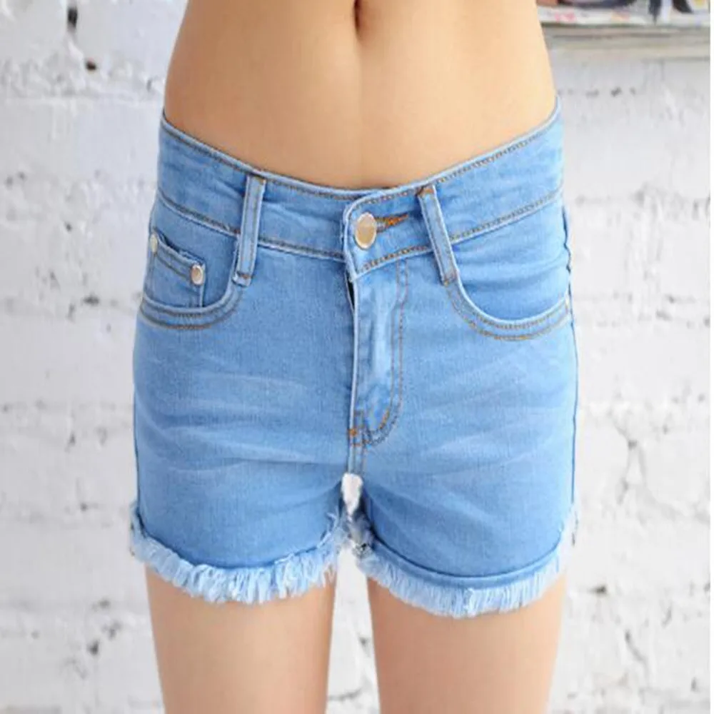 New women shorts Female jeans light blue denim shorts cotton low waist solid shorts girl casual