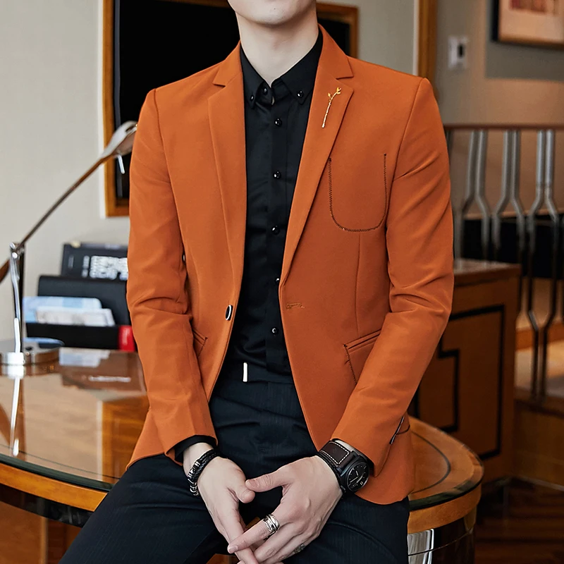 

3 Solid Blazer Hombre Slim Fit Business Casual Vintage Mens Blazer Homme Orange Black Cream One Button Suit Jacket M-3xl
