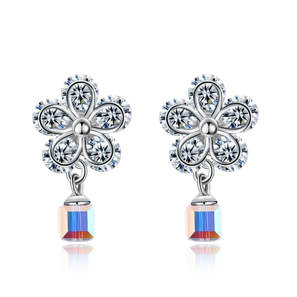 Женские кристаллы от Swarovksi серьги-гвоздики с подвеской из стерлингового серебра 925 пробы кубические цирконы цветок серьги для леди девушка любовь подарок