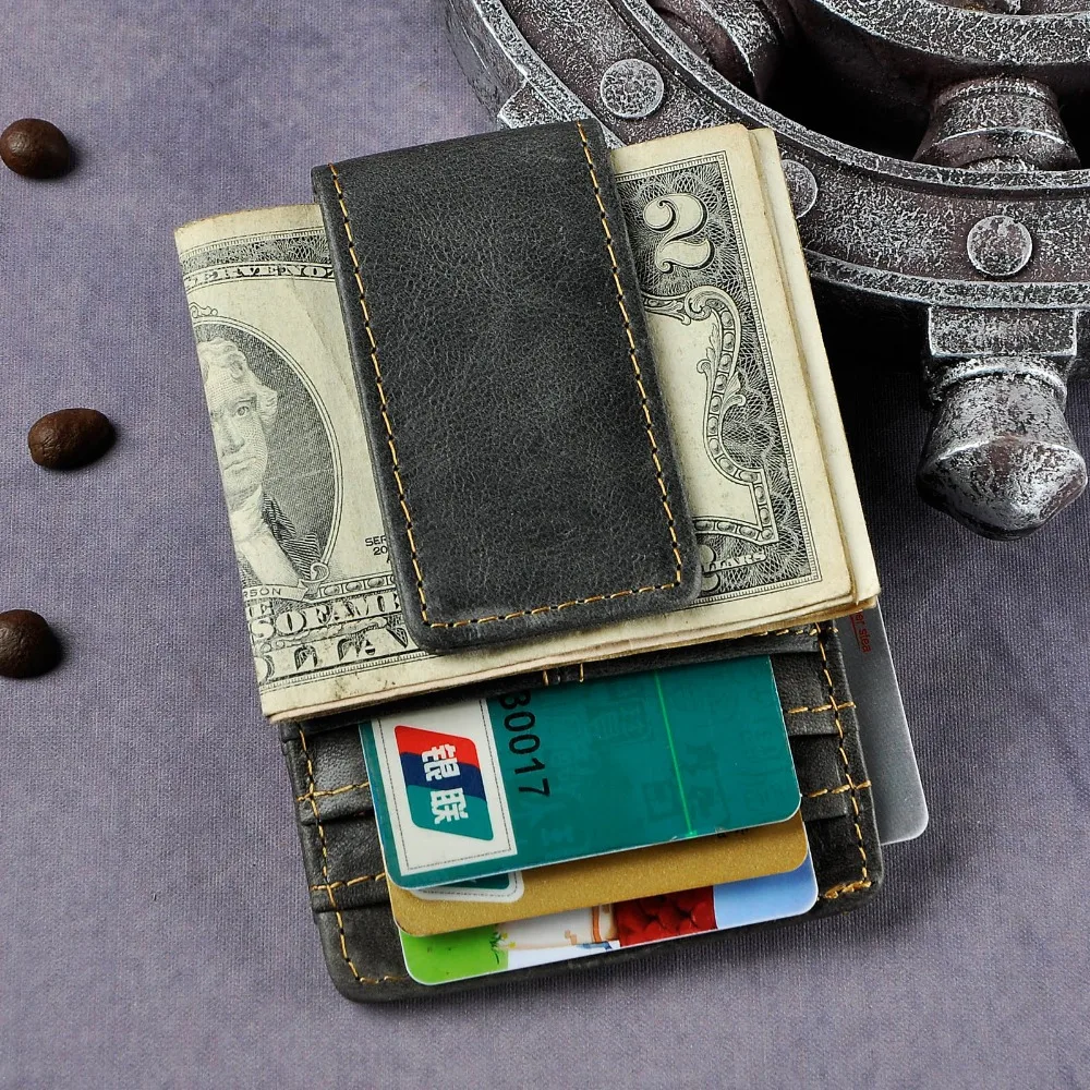 Male Quality Leather Designer Fashion Travel Slim Wallet Front Pocket Magnetic Money Clip Mini Card Case Purse For Men 1017-G