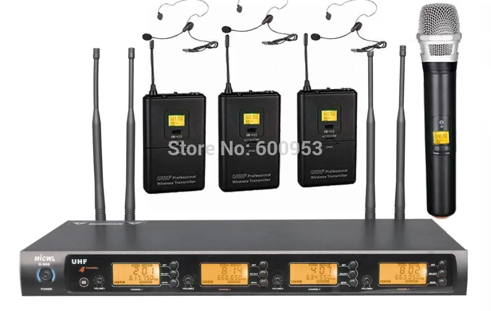 

Professional 3 Headset and 1 Handheld 4x100 Channel UHF Wireless Karaoke Microphone System